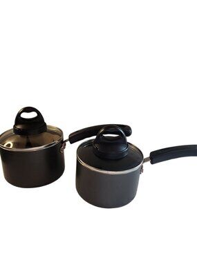 Basic Essentials 1 & 2 Qt pots With Lids Bakelite handles Glass Lids